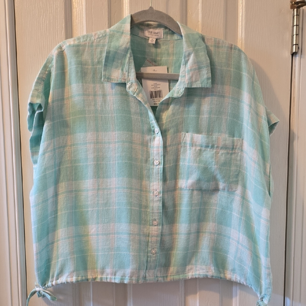TRUE CRAFT WOMEN'S JUNIOR SIZE AQUAMARINE BLUE PLAID SUMMER SHORT SLEEVES TOP XL